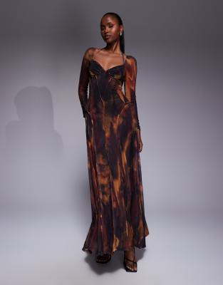 ASOS DESIGN printed mesh long sleeve maxi dress with exposed seam detailing in brown blurred floral print-Multi