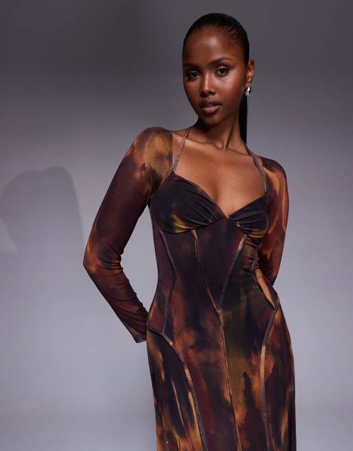 ASOS DESIGN printed mesh long sleeve maxi dress with exposed seams and full skirt in blurred floral