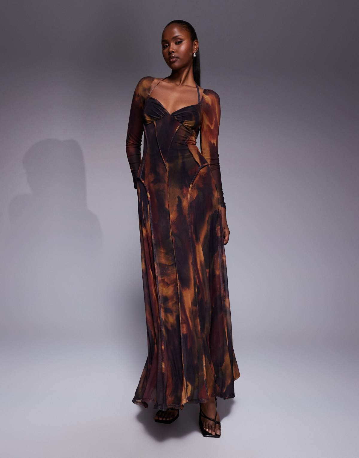 ASOS DESIGN printed mesh long sleeve maxi dress with exposed seams and full skirt in blurred floral