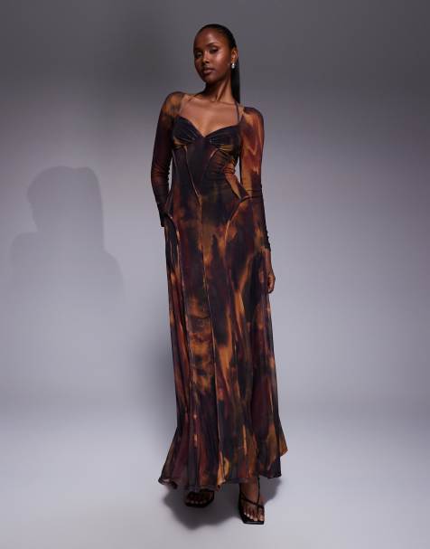 ASOS DESIGN printed mesh long sleeve maxi dress with exposed seam detail in brown blurred floral print