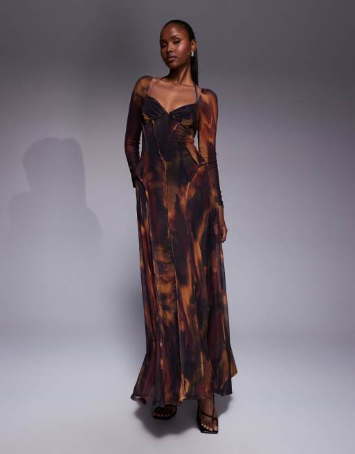 ASOS DESIGN printed mesh long sleeve maxi dress with exposed seams and full skirt in blurred floral