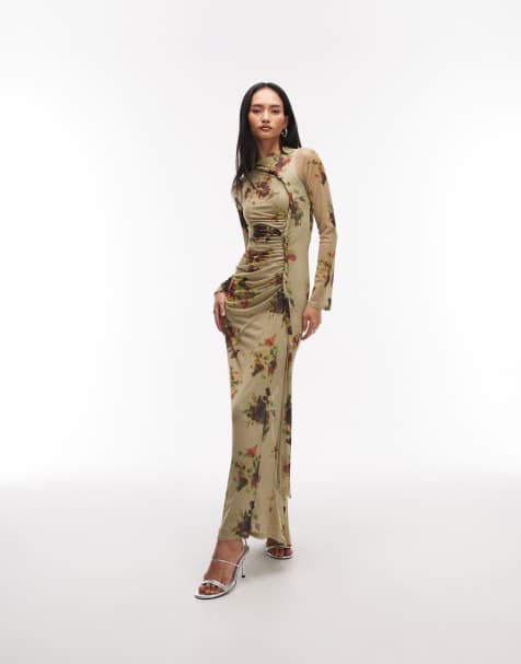 ASOS DESIGN printed mesh long sleeve maxi dress with twisted detailing in green floral print - view 1