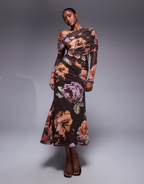 ASOS DESIGN printed mesh long sleeve slouchy bardot maxi dress in chocolate floral print - view 1