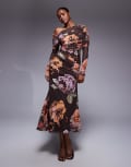 [ASOS DESIGN] ASOS DESIGN printed mesh long sleeve slouchy bardot maxi dress in chocolate floral print-Multi 12 Floral Print