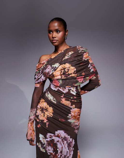 ASOS DESIGN printed mesh long sleeve slouchy bardot maxi dress in chocolate floral print, 3 of 4