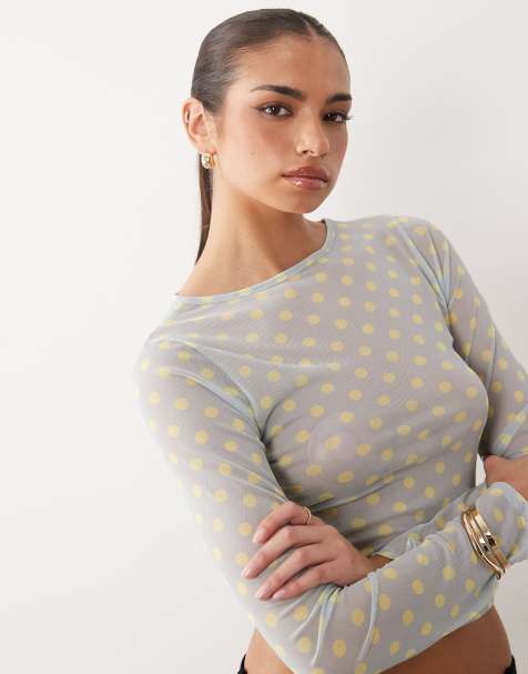 ASOS DESIGN printed mesh long sleeve top in blue and yellow polka dot - view 1