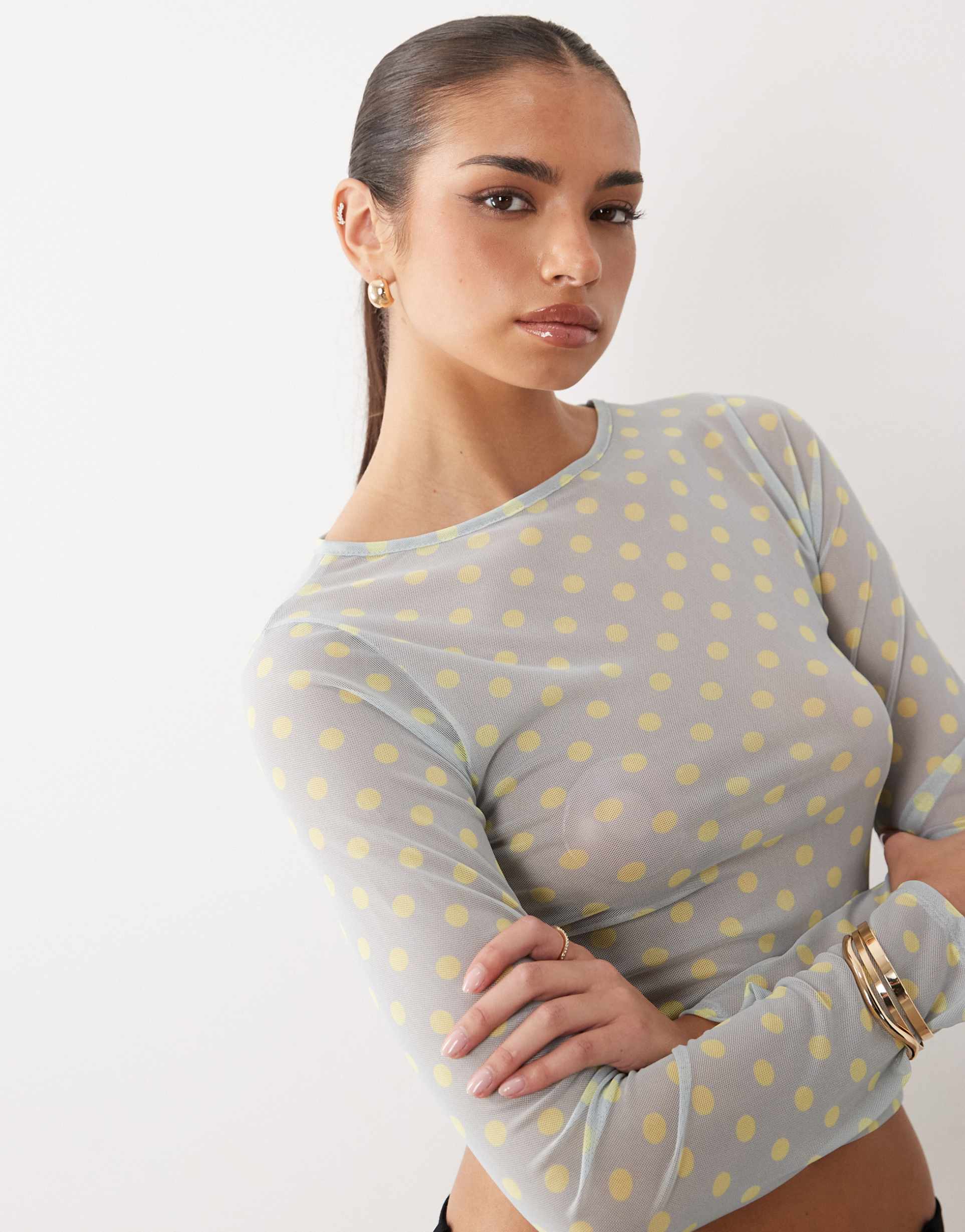asos design printed mesh long sleeve top in blue and yellow polka dot