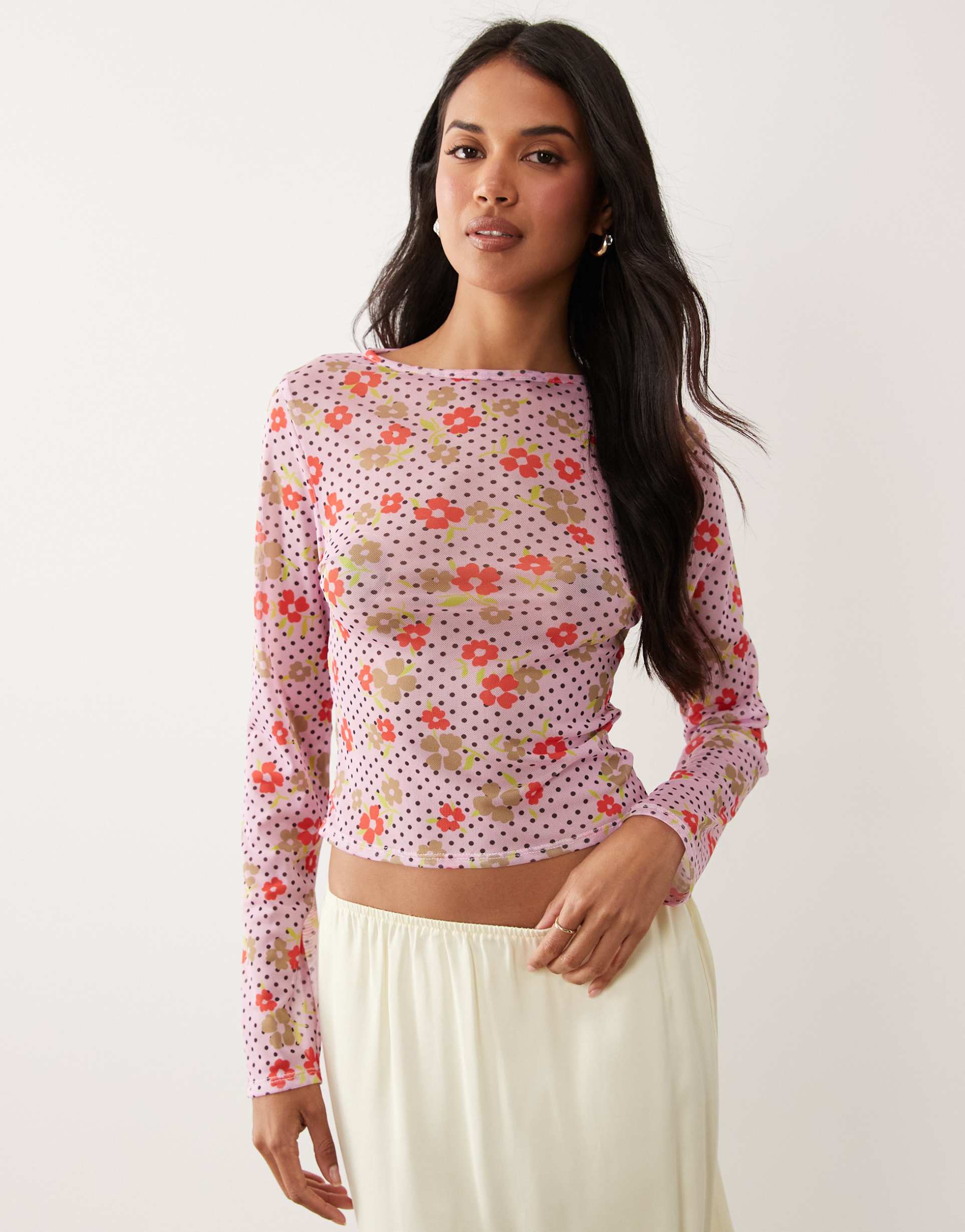 asos design printed mesh long sleeve top in ditsy floral