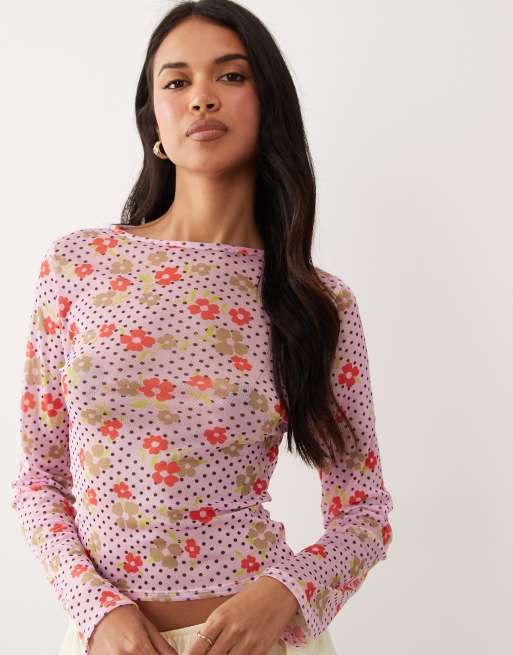 ASOS DESIGN printed mesh long sleeve top in ditsy floral, 4 of 5