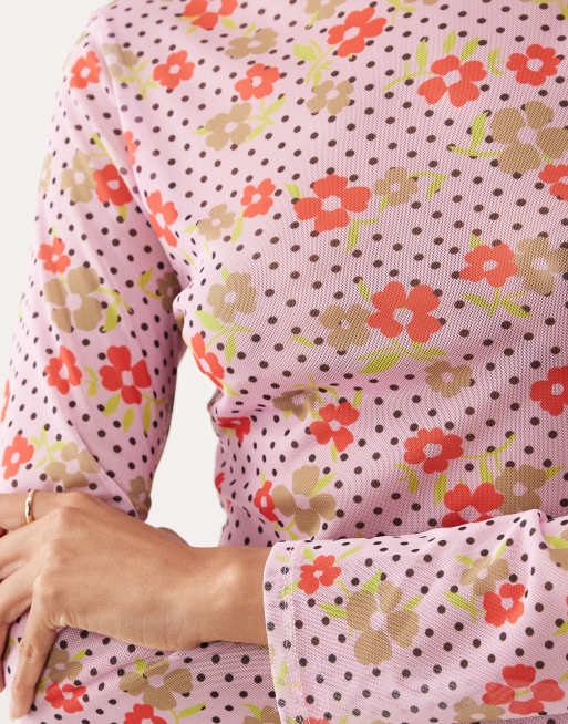 ASOS DESIGN printed mesh long sleeve top in ditsy floral, 5 of 5