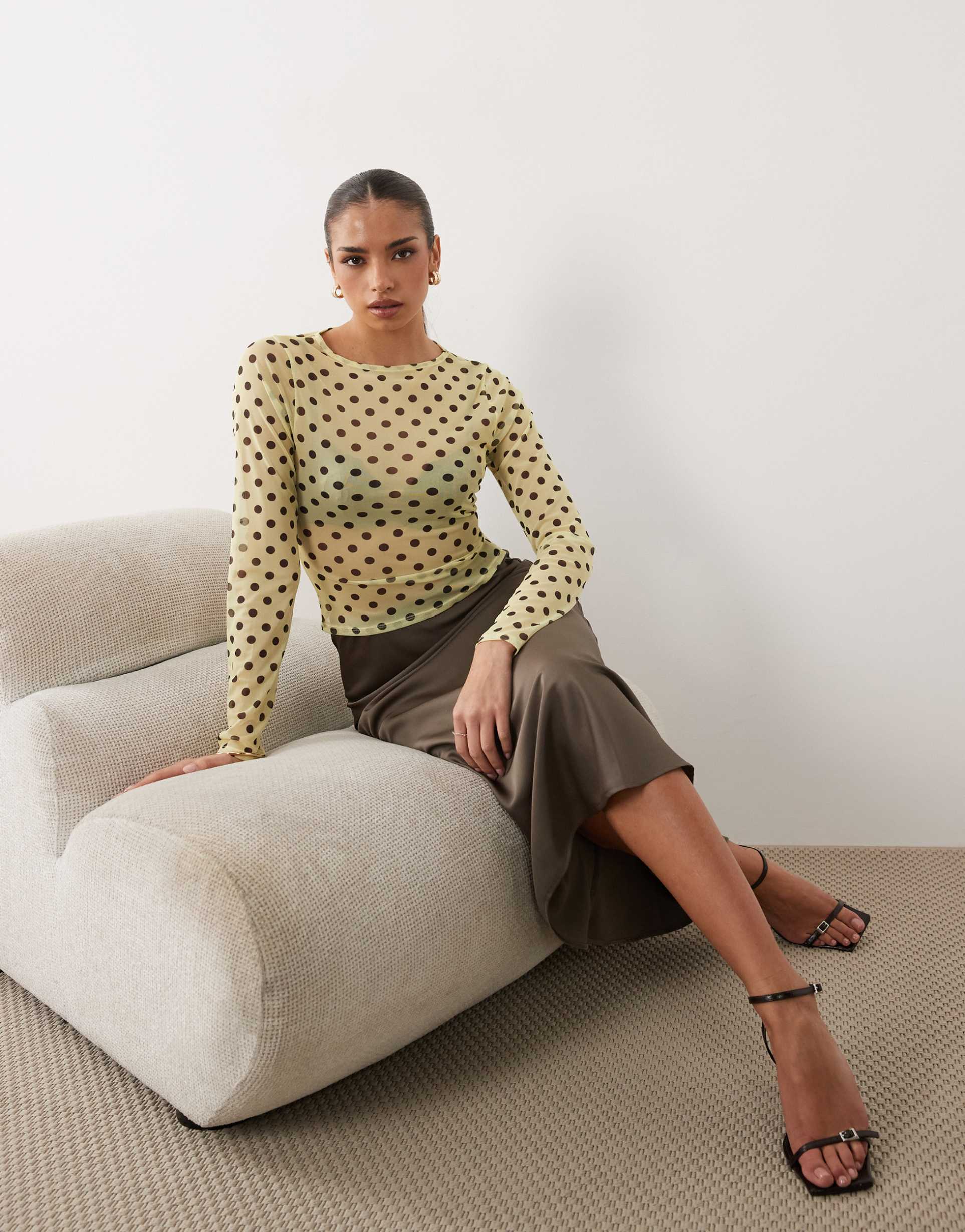 asos design printed mesh long sleeve top in yellow and brown polka dots