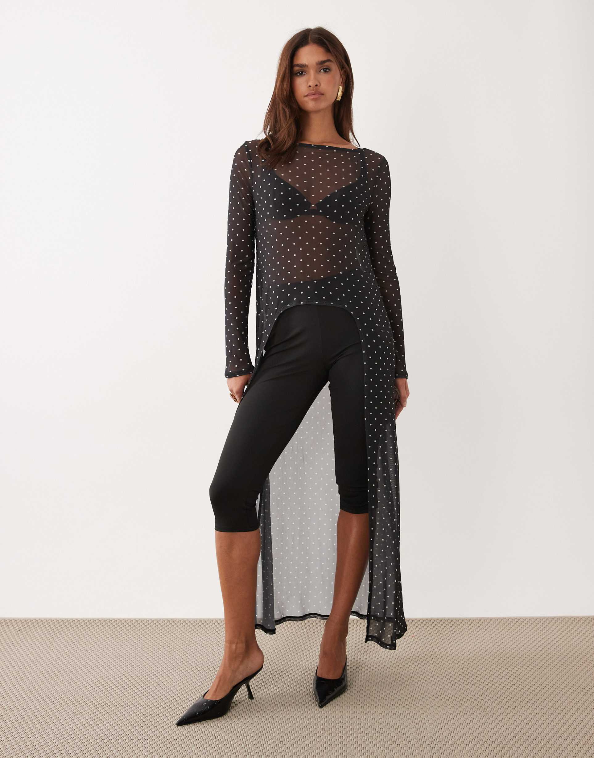 asos design printed mesh longline cape top in polka dot print