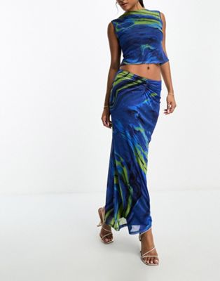 ASOS DESIGN printed mesh low rise fishtail maxi skirt co ord in blue - ASOS Price Checker