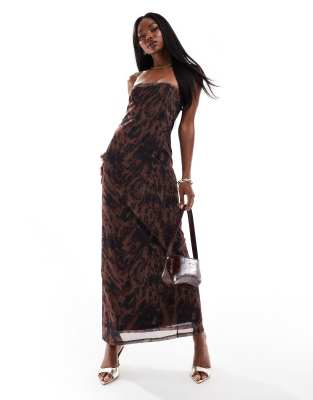 asos design printed mesh maxi bandeau dress in brown