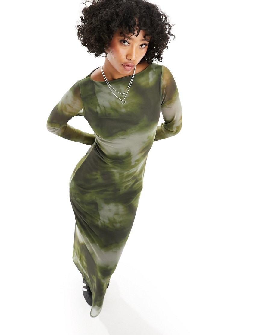 ASOS DESIGN printed mesh maxi dress in blurred khaki-Multi
