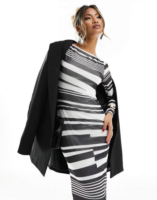 Mono Stripe Mesh Scoop Back Column Maxi Dress