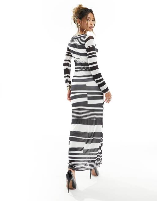 ASOS DESIGN printed mesh maxi dress in mono stripe | ASOS