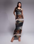 [ASOS DESIGN] ASOS DESIGN printed mesh maxi dress with bra in blurred print in scuba-style fabric-Multi 12 Blurred print