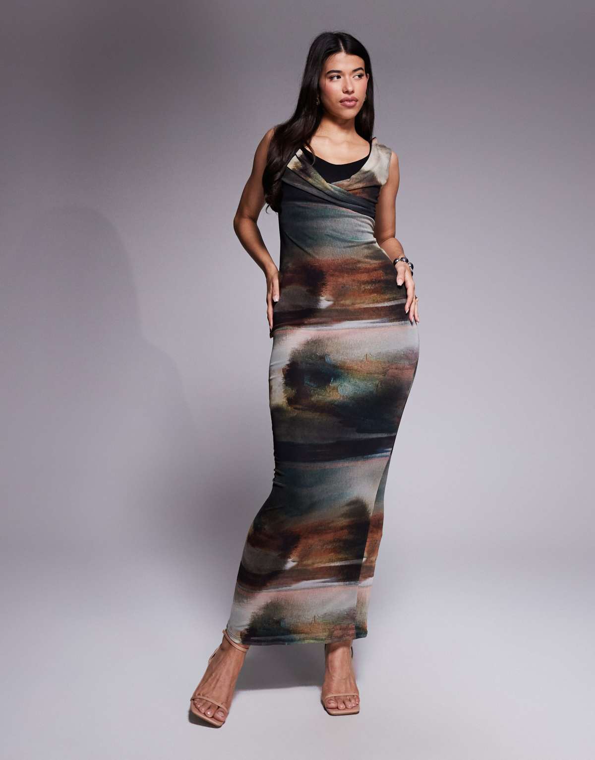 ASOS DESIGN printed mesh maxi dress with  bra in blurred print in scuba-style fabric