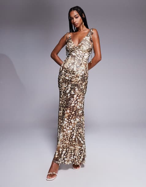 ASOS DESIGN printed mesh maxi dress with cowl detail and tie straps in animal print - view 1