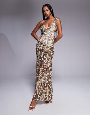 Asos Design Printed Mesh Maxi Dress With Cowl Detailing And Tie Straps In Brown