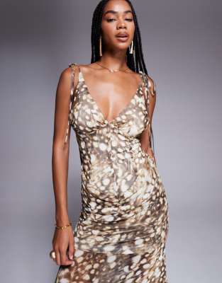 Asos Design Printed Mesh Maxi Dress With Cowl Detailing And Tie Straps In Brown