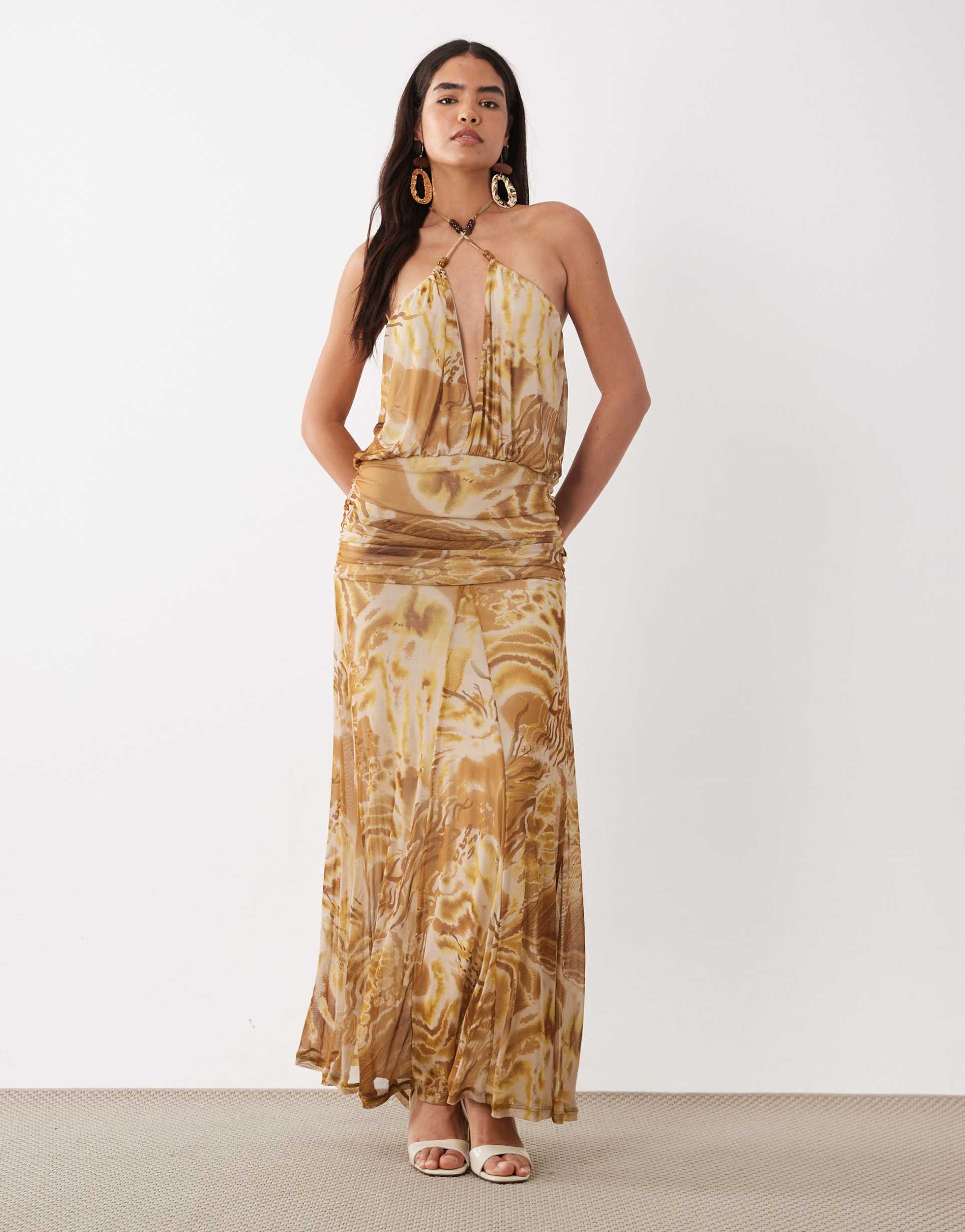 asos design printed mesh maxi dress with crossover beaded halter detail in zebra