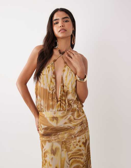 ASOS DESIGN printed mesh maxi dress with crossover beaded halter detail in zebra, 2 of 4