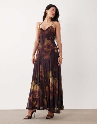 Asos Design Printed Mesh Maxi Dress With Exposed Seam Detail In Brown
