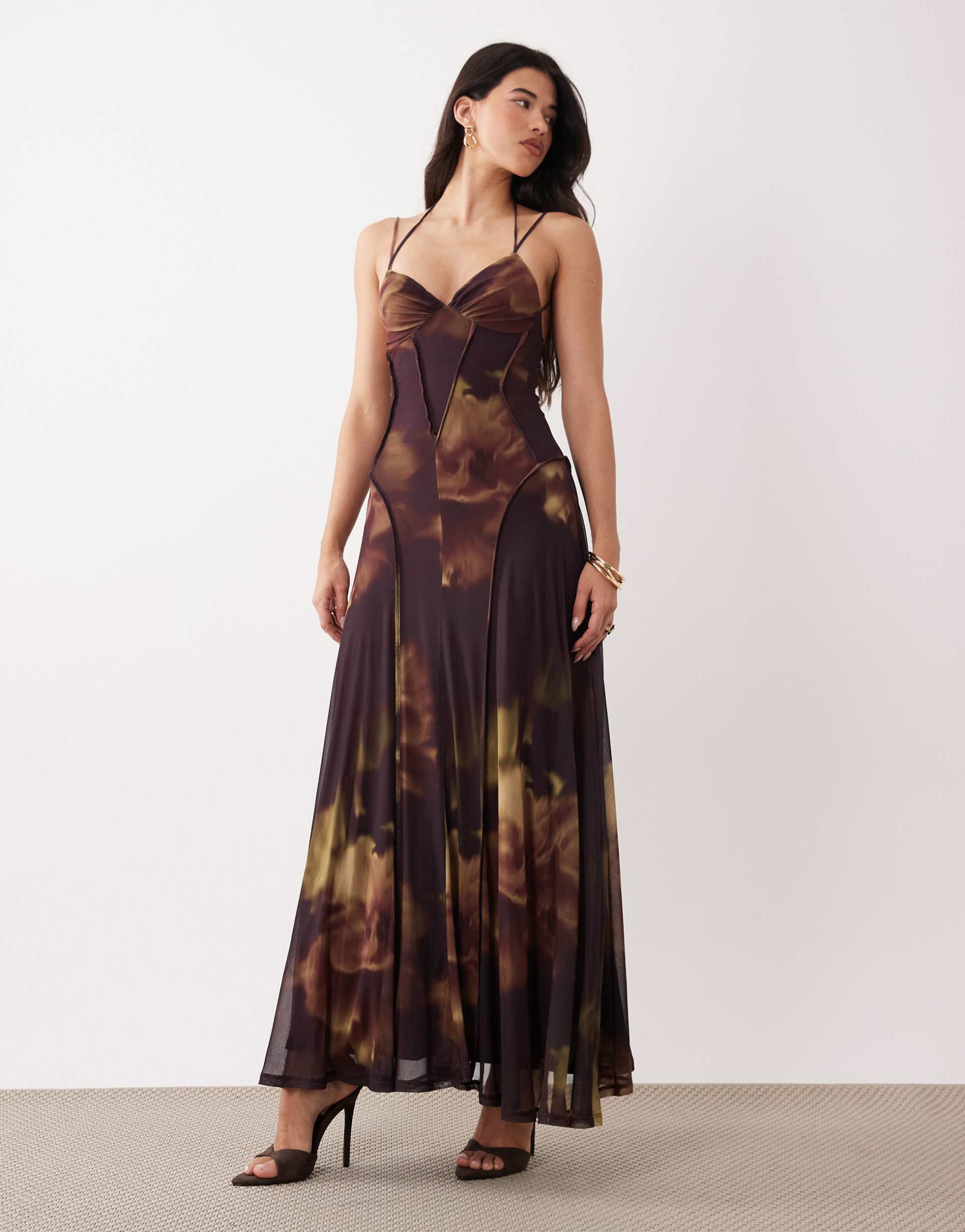 asos design printed mesh maxi dress with exposed seam detail in dark floral print
