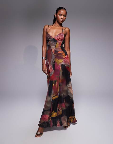 ASOS DESIGN printed mesh maxi dress with exposed seam detail in pink blurred floral print - view 1