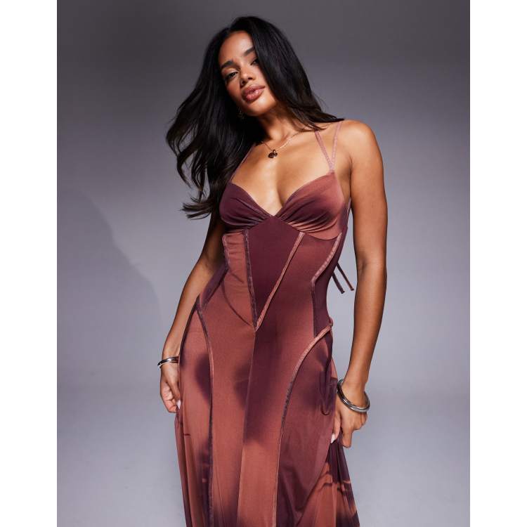 ASOS DESIGN printed mesh maxi dress with exposed seam detailing in brown  blurred floral print | ASOS