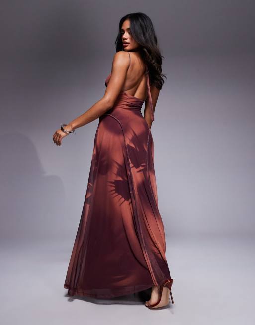 ASOS DESIGN printed mesh maxi dress with seam detail in blurred floral print