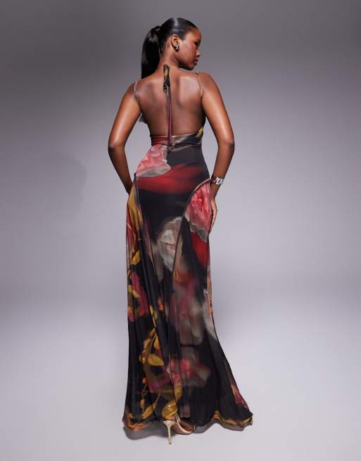 ASOS DESIGN printed mesh maxi dress with seam detail in blurred floral print