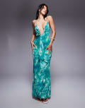 [ASOS DESIGN] ASOS DESIGN printed mesh maxi dress with hardware ruffle detail in blue print-Multi 8 Blue print