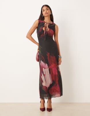 Asos Design Printed Mesh Maxi Dress With Lettuce Hem And Key Hole In Multi