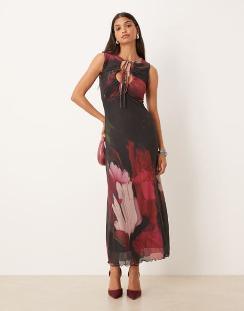 ASOS DESIGN printed mesh maxi dress with lettuce hem and key hole in overblown floral - view 1
