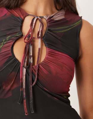 Asos Design Printed Mesh Maxi Dress With Lettuce Hem And Key Hole In Multi