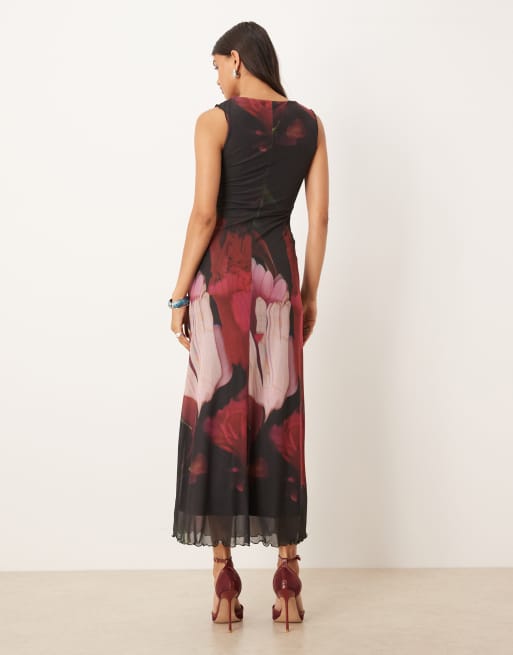 ASOS DESIGN printed mesh maxi dress with lettuce hem and key hole in overblown floral