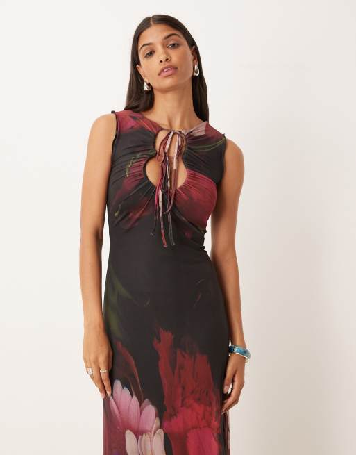 ASOS DESIGN printed mesh maxi dress with lettuce hem and key hole in overblown floral