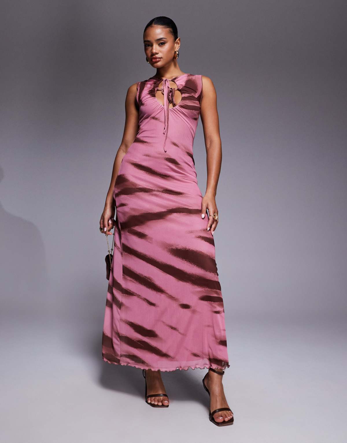 ASOS DESIGN printed mesh maxi dress with lettuce hem and key hole in pink and brown animal