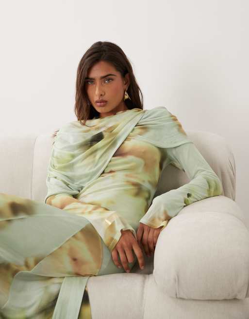 ASOS DESIGN printed mesh maxi dress with overlay draped neckline detail in  green blurred floral