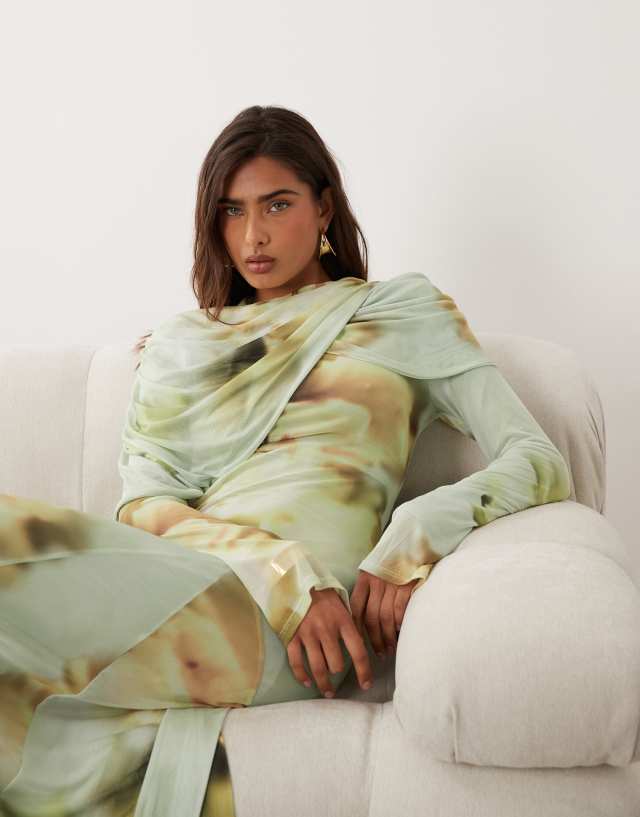 ASOS DESIGN printed mesh maxi dress with overlay draped neckline detail in green blurred floral