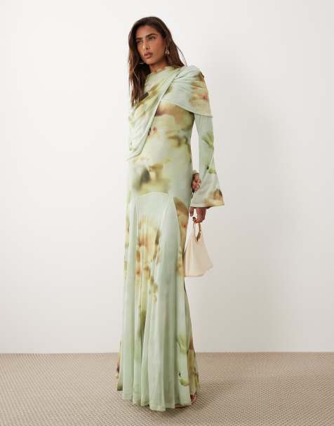 ramy brook formal dresses Rent Asos Design Ruched Bandeau Washed Satin Maxi Dress With Tie Detail In  Green