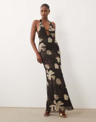 Asos Design Printed Mesh Maxi Dress With Scarf Detail In Blue