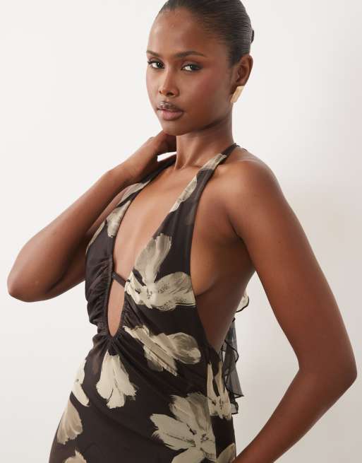 ASOS DESIGN printed mesh maxi dress with scarf detail in brown floral, 2 of 4
