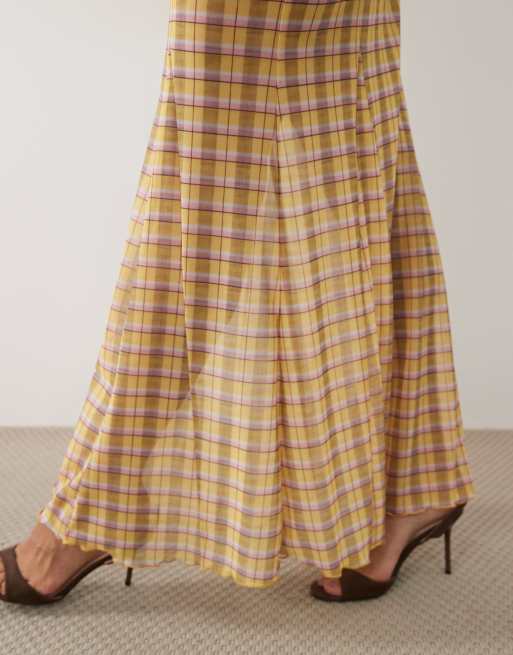 ASOS DESIGN printed mesh maxi skirt in yellow check (part of a set), 4 of 5