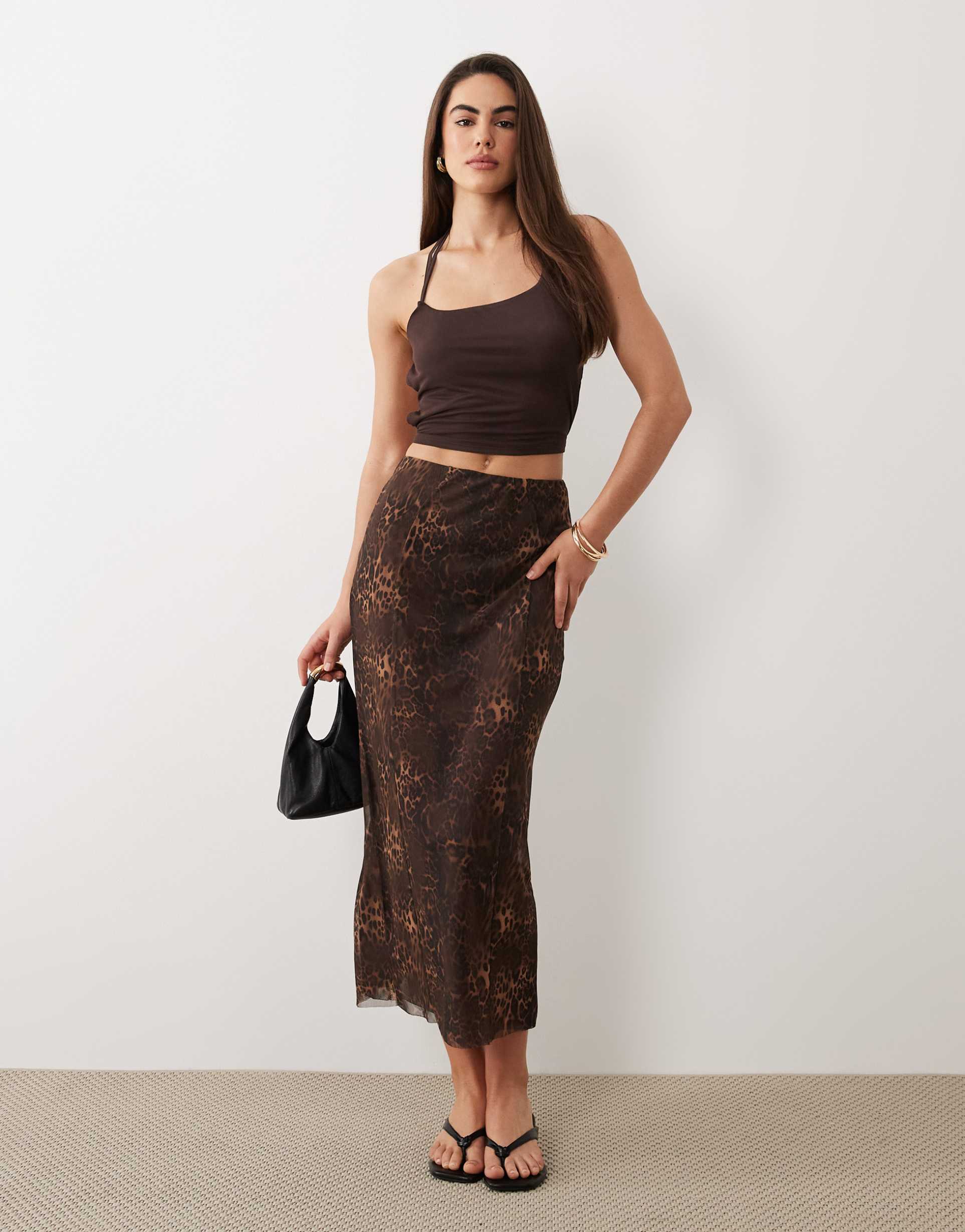 asos design printed mesh maxi skirt with slit in leopard