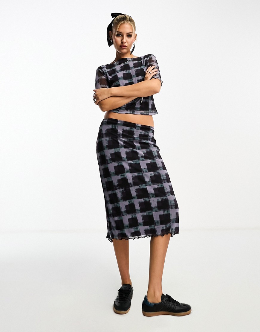 ASOS DESIGN printed mesh midi skirt co ord in check-Multi