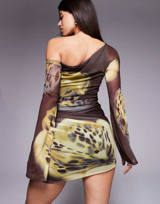 ASOS DESIGN printed mesh off-shoulder mini dress with angel sleeve in animal